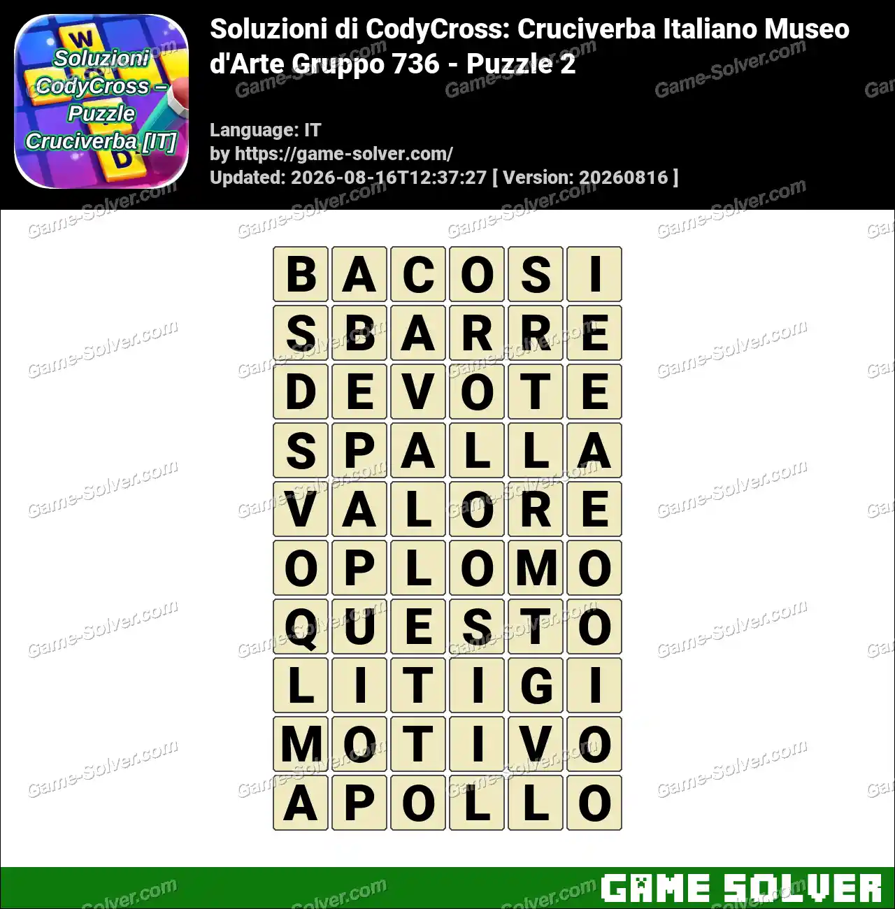Soluzioni di CodyCross: Cruciverba Italiano Museo d’Arte Gruppo 736 – Puzzle 2